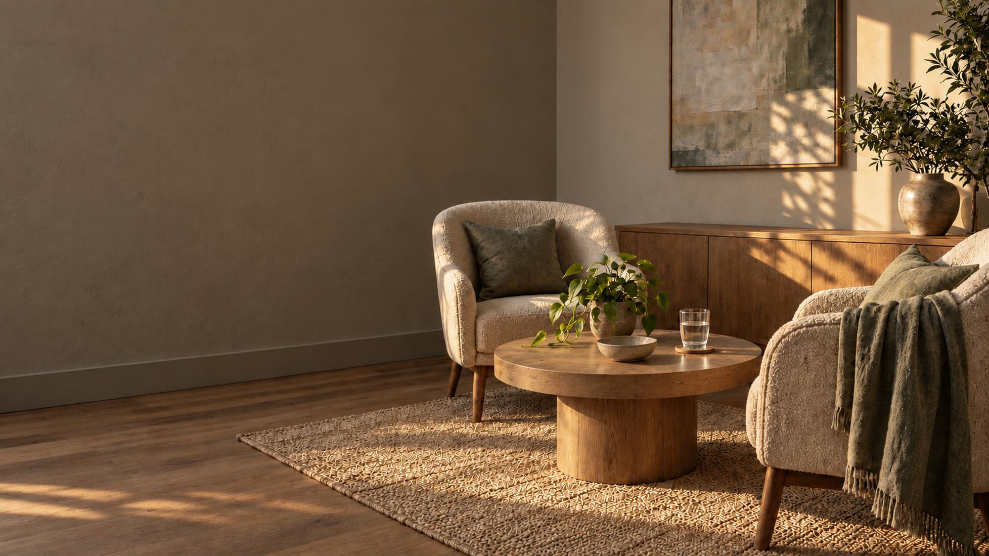 A quiet, sunlit sitting room with two armchairs and a low wooden table