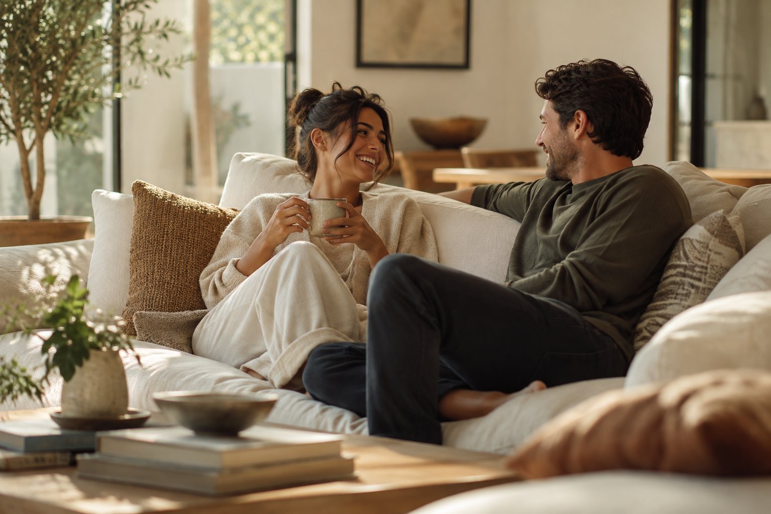 A couple talking and laughing on a sofa in a sunlit living room